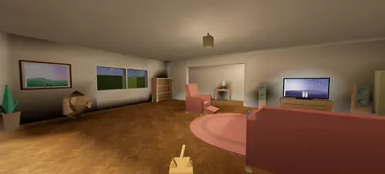 The living room with your picture on the wall and a video on the TV